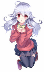Rule 34 | 1girl, :o, ahoge, aldehyde, black thighhighs, blush, bow, full body, loafers, long hair, looking at viewer, original, red eyes, shoes, silver hair, simple background, skirt, solo, sweater, thighhighs, white background