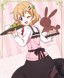 Rule 34 | 1girl, ;d, black footwear, black pantyhose, black skirt, blush, bow, bowtie, bread, cake, commentary request, cowboy shot, cup, food, from behind, gochuumon wa usagi desu ka?, hair between eyes, hair ornament, hairclip, holding, holding tray, hoto cocoa, lettuce, long sleeves, looking at viewer, looking back, nurutema, one eye closed, open mouth, orange hair, pantyhose, pink background, pink vest, purple eyes, rabbit, red bow, red bowtie, shirt, short hair, skirt, smile, solo, standing, standing on one leg, striped, striped background, teeth, tray, vest, white shirt