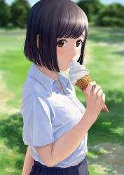 Rule 34 | 1girl, arm at side, bare arms, black hair, blurry, blurry background, blush, bob cut, breasts, brown eyes, collared shirt, day, dress shirt, eating, eyelashes, food, from side, highres, holding, holding food, ice cream, ice cream cone, looking at viewer, medium breasts, original, outdoors, papi (papiron100), shirt, short hair, short sleeves, skirt, small breasts, soft serve, solo, striped, swept bangs, upper body, white shirt, wrapper