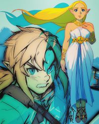 Rule 34 | 1boy, 1girl, bare shoulders, belt, blue eyes, bracer, brown hair, commentary, curvy, dress, english commentary, gorget, highres, inset, link, lips, long hair, low ponytail, making-of available, nintendo, parted bangs, pointy ears, princess zelda, robaato, sandals, short ponytail, strapless, strapless dress, the legend of zelda, the legend of zelda: breath of the wild, thick eyebrows, toeless footwear, toes, triforce, white dress, wind, wind lift