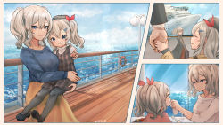 Rule 34 | 1other, 2girls, alternate costume, beige skirt, black legwear, blue eyes, blue sweater, carrying, commentary request, cowboy shot, cruise ship, dress, grey eyes, if they mated, kantai collection, kashima (kancolle), mother and daughter, multiple girls, ocean, pantyhose, plaid, plaid dress, railing, silver hair, split theme, standing, sweater, twintails, wavy hair, wss (nicoseiga19993411)