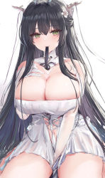 Rule 34 | 1girl, absurdres, antlers, azur lane, bad id, bad pixiv id, between legs, black hair, black necktie, blush, breasts, cleavage, cleavage cutout, clothing cutout, cowboy shot, dress, flower, gloves, green eyes, hair between eyes, hair flower, hair ornament, hand between legs, hand on own chest, highres, horns, indomitable (azur lane), large breasts, long hair, looking at viewer, lshiki, mouth hold, navel, necktie, necktie in mouth, sidelocks, sketch, solo, thighs, white dress, white gloves
