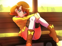 Rule 34 | 10s, 1girl, ass, bench, blush, boots, brown hair, clothes pull, dress, kisaragi yumi, legs, looking at viewer, panties, pantyshot, precure, serious, short hair, shorts, shorts pull, sitting, smile precure!, solo, suigin cigarette, thighs, underwear, undressing, white legwear, white panties, yellow dress, yellow eyes
