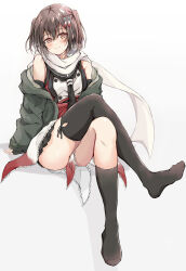 Rule 34 | 1girl, absurdres, black neckerchief, black skirt, brown eyes, brown hair, buttons, crossed legs, dairyo3, double-breasted, full body, grey jacket, hair ornament, highres, jacket, kantai collection, kneehighs, neckerchief, open clothes, open jacket, pleated skirt, sailor collar, scarf, school uniform, sendai (kancolle), sendai kai ni (kancolle), serafuku, simple background, single kneehigh, single sock, single thighhigh, skirt, smile, socks, solo, thighhighs, thighs, two side up, white background, white sailor collar, white scarf
