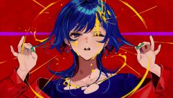 Rule 34 | 1girl, abstract background, blue eyes, blue hair, blue shirt, diamond earrings, dripping, earrings, eyelashes, green nails, hands up, highres, holding, holding own hair, jacket, jewelry, kamitsubaki studio, long hair, long sleeves, looking at viewer, multicolored eyes, off shoulder, one eye closed, open mouth, red background, red eyes, red jacket, rim (kamitsubaki studio), second-party source, senizodesu, shirt, solo, teeth, torn clothes, torn shirt, upper body, upper teeth only, video crop, virtual youtuber, wet face, wolf cut, yellow liquid, yellow pupils