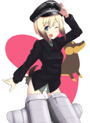 Rule 34 | 1girl, ;d, a9b (louis814), blonde hair, bob cut, brown hair, dachshund, erica hartmann, green panties, hat, heart, highres, long sleeves, military, military uniform, multicolored hair, one eye closed, open mouth, panties, peaked cap, purple eyes, short hair, smile, solo, strike witches, striker unit, two-tone hair, underwear, uniform, world witches series