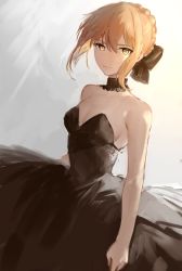 Rule 34 | 1girl, artoria pendragon (fate), bare shoulders, blonde hair, breasts, choker, cleavage, dress, fate/grand order, fate (series), grey background, highres, hojiro (piko519), medium breasts, saber (fate), saber alter, sketch, strapless, strapless dress, yellow eyes