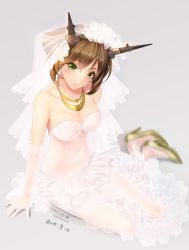 Rule 34 | 1girl, 2014, artist name, blush, breasts, bridal veil, brown hair, cleavage, collarbone, covered navel, dated, dress, flipped hair, focused, full body, gold footwear, green eyes, grey background, headgear, high heels, kantai collection, kneeling, large breasts, looking at viewer, mutsu (kancolle), paint musume, see-through, simple background, sitting, smile, solo, twitter username, veil, wedding dress, white dress