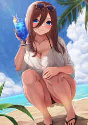Rule 34 | 1girl, absurdres, beach, bikini, bikini under clothes, black bikini, blue eyes, blue sky, breasts, brown hair, cleavage, closed mouth, cloud, collarbone, cup, day, drink, drinking straw, eyewear on head, feet out of frame, food, fruit, go-toubun no hanayome, highres, hiyoku, holding, holding cup, ice, ice cube, large breasts, lemon, lemon slice, light smile, long hair, nakano miku, outdoors, palm tree, sand, sandals, see-through, see-through shirt, shirt, sky, solo, squatting, sunglasses, swimsuit, thighs, tree, white shirt
