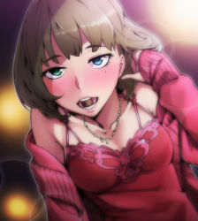 Rule 34 | 10s, 1girl, adjusting hair, bare shoulders, blue eyes, blush, breasts, brown hair, chocolate, collarbone, food in mouth, green eyes, heterochromia, idolmaster, idolmaster cinderella girls, jewelry, looking at viewer, medium breasts, mole, mole under eye, mouth hold, necklace, open mouth, short hair, solo, takagaki kaede, tkhs
