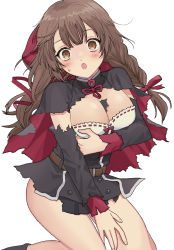 Rule 34 | 1girl, belt, black capelet, black dress, bra, braid, breasts, brown belt, brown hair, capelet, dress, highres, hood, hooded capelet, kantai collection, large breasts, long hair, looking at viewer, shinshuu maru (kancolle), simple background, solo, torn clothes, twin braids, underwear, waco, white background, white bra
