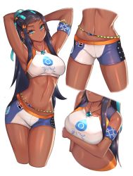 Rule 34 | 1girl, absurdres, arm strap, armpits, arms behind head, arms up, bare shoulders, beads, bike shorts, blue hair, breast hold, breasts, cameltoe, close-up, clyde s, creatures (company), cropped legs, dark-skinned female, dark skin, earrings, game freak, gym leader, half-closed eyes, highres, hoop earrings, jewelry, medium breasts, midriff, navel, necklace, nessa (pokemon), nintendo, pokemon, pokemon swsh, short shorts, shorts, simple background, solo focus, stomach, white background