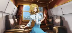 Rule 34 | 1girl, artist request, back, backless dress, backless outfit, blonde hair, blue dress, blue eyes, blue shirt, blue sky, bracelet, breasts, chair, code geass, code geass: lost stories, cowboy shot, crop top, curtains, day, dress, female focus, from behind, game cg, hand up, happy, highres, indoors, jewelry, long sleeves, looking at viewer, looking back, medium breasts, medium hair, milly ashford, non-web source, official art, parted bangs, parted lips, shirt, sidelocks, sky, smile, solo, standing, teeth, train interior, tree, window