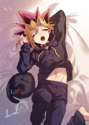 Rule 34 | 1boy, absurdres, arm up, barefoot, bed sheet, black cat, black choker, black hair, black hoodie, blonde hair, cat, choker, closed eyes, clothes lift, dated commentary, dyed bangs, highres, hood, hoodie, less end, male focus, multicolored hair, muto yugi, navel, on bed, open mouth, purple hair, shirt lift, short hair, sidelighting, signature, sleeping, solo, spiked hair, stretching, tears, waking up, yawning, yu-gi-oh!, yu-gi-oh! duel monsters