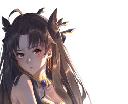 Rule 34 | 1girl, ahoge, backlighting, bare shoulders, black bow, blush, bow, breasts, brown hair, cleavage, closed mouth, collarbone, earrings, fate/grand order, fate (series), hair bow, hoop earrings, ishtar (fate), jewelry, long hair, looking at viewer, medium breasts, neck ring, parted bangs, red eyes, simple background, tiara, tight (ohmygod), two side up, white background