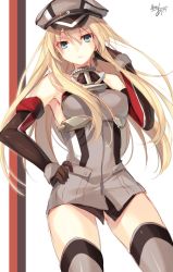 Rule 34 | 1girl, adjusting hair, bismarck (kancolle), blonde hair, blue eyes, blush, breasts, detached sleeves, gloves, grey thighhighs, hat, highres, kantai collection, large breasts, long hair, looking at viewer, military, military hat, military uniform, one-hour drawing challenge, peaked cap, signature, solo, thighhighs, toosaka asagi, uniform