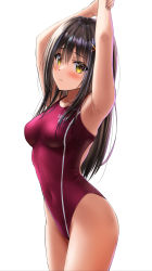 Rule 34 | 1girl, arms up, black hair, breasts, brown eyes, competition swimsuit, cowboy shot, hair ornament, highres, long hair, looking at viewer, medium breasts, navel, one-piece swimsuit, original, red one-piece swimsuit, school swimsuit, simple background, solo, standing, swimsuit, white background, x hair ornament, yukemuriganmo
