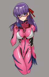 Rule 34 | 1girl, bad id, bad pixiv id, blue gloves, blush, bodysuit, bow, cosplay, cowboy shot, cropped legs, fate/stay night, fate (series), glasses, gloves, hair bow, highres, impossible bodysuit, impossible clothes, long hair, looking at viewer, makinami mari illustrious, makinami mari illustrious (cosplay), matou sakura, neon genesis evangelion, no nose, none (kameko227), pink bodysuit, plugsuit, purple eyes, purple hair, rebuild of evangelion, red-framed eyewear, red bow, shiny clothes, solo, thigh gap, thighs