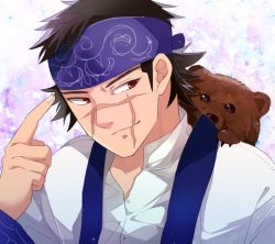 Rule 34 | 1boy, 310 (satopoppo), ainu clothes, asirpa, asirpa (cosplay), bandana, bear, black hair, cosplay, costume switch, golden kamuy, male focus, red eyes, scar, scar on face, simple background, sugimoto saichi, upper body