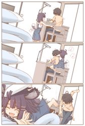 Rule 34 | 1boy, 1girl, 3koma, :d, ^ ^, afterimage, ahoge, anger vein, animal ear fluff, animal ears, bare shoulders, barefoot, blue pants, blush stickers, brown hair, brown shirt, closed eyes, comic, commentary request, denim, desk, desk lamp, dog ears, dog girl, dog tail, dutch angle, eighth note, closed eyes, fang, fujisaki yuu, futon, hug, indoors, jeans, lamp, long hair, musical note, on chair, open mouth, original, overall shorts, overalls, pants, shirt, shirt grab, short sleeves, silent comic, sitting, sleeveless, sleeveless shirt, smile, spoken musical note, standing, tail, tail wagging, throwing, trembling, white shirt