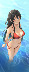 Rule 34 | 1girl, arms behind back, bare arms, bare shoulders, bikini, black hair, blue eyes, blush, breasts, cleavage, collarbone, commentary request, from above, groin, halterneck, highres, large breasts, long hair, looking at viewer, navel, original, pallad, red bikini, side-tie bikini bottom, sidelocks, smile, solo, standing, stomach, swimsuit, thighs, very long hair, wading, water