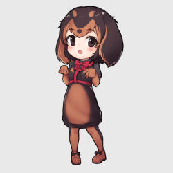 Rule 34 | 1girl, :d, animal ears, black hair, black pantyhose, black shirt, black skirt, blush, bow, brown eyes, brown footwear, brown gloves, brown hair, brown pantyhose, brown shirt, brown skirt, chibi, dachshund (kemono friends) (nyifu), dog ears, elbow gloves, full body, gloves, kemono friends, looking at viewer, multicolored clothes, multicolored shirt, multicolored skirt, nyifu, open mouth, original, pantyhose, red bow, shirt, shoes, short hair, simple background, skirt, smile, solo, white background