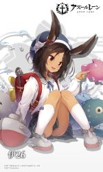 Rule 34 | 1girl, :d, animal ears, arm support, arm up, artist request, ass, azur lane, backpack, bag, beret, blue hat, blush, brown hair, bubble, clothes between thighs, commentary request, dark-skinned female, dark skin, eyes visible through hair, full body, hat, hat ornament, i-26 (azur lane), i-26 (deep-sea rabbit) (azur lane), looking at another, looking to the side, official art, open mouth, orange eyes, parted bangs, pleated skirt, rabbit ears, randoseru, school uniform, shirt, shoes, short hair, sitting, skirt, smile, socks, solo, white shirt, white socks