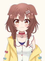 Rule 34 | 1girl, :3, animal collar, animal ears, blue bow, blush, bone hair ornament, bow, braid, brown eyes, brown hair, buttons, cartoon bone, closed mouth, collar, collarbone, commentary, dog ears, dog girl, dress, hair between eyes, hair ornament, hairclip, highres, hololive, inugami korone, inugami korone (1st costume), ixia (ixia424), jacket, long hair, looking at viewer, low twin braids, off shoulder, open clothes, open jacket, red bow, red collar, side braids, simple background, sleeveless, sleeveless dress, solo, symbol-only commentary, twin braids, upper body, virtual youtuber, white dress, yellow jacket