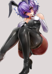 Rule 34 | 10s, 1girl, altines, animal ears, boots, bow, bowtie, breasts, busou shinki, detached collar, elbow gloves, fake animal ears, female focus, gloves, large breasts, mitsuya handoru, pantyhose, playboy bunny, purple hair, rabbit ears, red eyes, short hair, thigh boots, thighhighs, zilvern