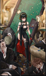 Rule 34 | 1girl, 4boys, absurdres, bare shoulders, black dress, black hair, black thighhighs, blood, blood on arm, breasts, brown hair, casino, dress, flower, formal, gun, hair flower, hair ornament, highres, holding, holding weapon, knife, large breasts, light brown hair, multiple boys, red eyes, sawkm, spy x family, suit, sunglasses, thighhighs, weapon, yor briar