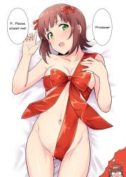 Rule 34 | 1girl, amami haruka, blush, bow, brown hair, collarbone, commentary request, cowboy shot, flying sweatdrops, green eyes, groin, hair bow, hand on own chest, hard-translated, highres, idolmaster, idolmaster (classic), imagining, jpeg artifacts, lying, naked ribbon, navel, o o, open mouth, red bow, ribbon, solo, speech bubble, third-party edit, translated, tsurui, unwrap me body bow