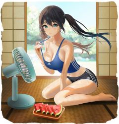 Rule 34 | 1girl, absurdres, adidas, barefoot, black shorts, blue eyes, blue tank top, blush, border, breasts, cleavage, day, electric fan, food, fruit, hair between eyes, highres, indoors, large breasts, long hair, looking at viewer, midriff, mole, mole under eye, myabit, navel, original, parted lips, shiny skin, shorts, sitting, solo, tank top, twintails, watermelon, watermelon slice, white border