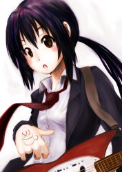 Rule 34 | 1girl, artist request, black hair, brown eyes, dokyuu afro, electric guitar, female focus, gradient background, guitar, highres, instrument, k-on!, long hair, nakano azusa, necktie, no thank you! (k-on!), school uniform, solo, twintails, white background