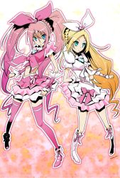 Rule 34 | 10s, 2girls, boots, bow, choker, cure melody, cure rhythm, hair bow, houjou hibiki, knee boots, magical girl, minamino kanade, multiple girls, pink bow, precure, sakebuotoko, suite precure, thighhighs, twintails, white choker