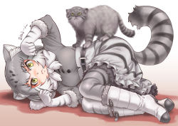 Rule 34 | 10s, 1girl, 3:, animal, animal ears, animal print, bad id, bad pixiv id, belt, black belt, boots, buttons, cat, cat ears, cat tail, clenched hands, closed mouth, frilled skirt, frills, full body, fur-trimmed boots, fur-trimmed sleeves, fur trim, gloves, gradient hair, grey hair, grey pantyhose, grey shirt, grey skirt, grey theme, high-waist skirt, horizontal-striped legwear, kemono friends, knee boots, kosai takayuki, legs together, long sleeves, looking at viewer, lying, multicolored hair, on side, pallas&#039;s cat, pallas&#039;s cat (kemono friends), pantyhose, paw pose, petticoat, print gloves, print pantyhose, print skirt, shadow, shirt, short hair, skirt, solo, sound effects, striped clothes, striped gloves, striped pantyhose, striped skirt, striped tail, tail, tsurime, two-tone hair, whiskers, white background, white footwear, white gloves, white hair, yellow eyes