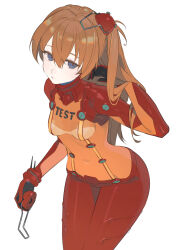 Rule 34 | 1girl, blue eyes, bodysuit, breasts, covered navel, english text, evangelion: 2.0 you can (not) advance, expressionless, hair between eyes, highres, interface headset, leaning forward, long hair, looking at viewer, neon genesis evangelion, orange hair, plugsuit, rebuild of evangelion, red bodysuit, simple background, skin tight, small breasts, solo, souryuu asuka langley, test plugsuit, timbougami, white background