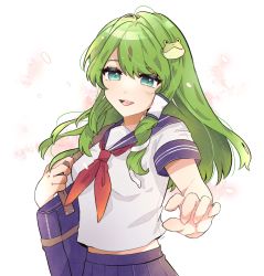 Rule 34 | 1girl, arm up, bag, breasts, commentary request, frog hair ornament, green eyes, green hair, hair between eyes, hair ornament, hair tubes, hands up, highres, kochiya sanae, long hair, looking to the side, medium breasts, necono (nyu6poko), open mouth, petals, purple bag, purple skirt, sailor collar, school uniform, shirt, short sleeves, simple background, skirt, smile, snake hair ornament, solo, touhou, white background, white shirt