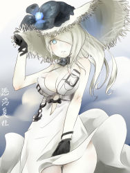Rule 34 | 10s, 1girl, abyssal ship, akino shuu, bare shoulders, black gloves, blue eyes, breasts, character name, colored skin, dress, gloves, hair over one eye, hat, kantai collection, large breasts, long hair, open mouth, seaport summer princess, sleeveless, sleeveless dress, solo, white dress, white hair, white hat, white skin