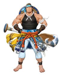 Rule 34 | 1boy, another eidos-r, bandaged arm, bandages, bara, barefoot, biceps, black gloves, black tank top, blue headband, blue pants, brown eyes, brown hair, full body, gloves, headband, highres, large pectorals, mizuki gai, muscular, muscular male, official art, pants, pectorals, scar, scar on arm, scar on foot, scar on leg, scar on neck, smile, solo, tank top, tengo (another eidos), transparent background