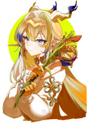 Rule 34 | 1girl, arknights, bare shoulders, blonde hair, blue eyes, blue hair, bracelet, closed mouth, colored skin, cropped torso, dragon horns, earrings, from side, grey hair, hair intakes, hair ornament, hair stick, highres, holding, holding plant, horns, jacket, jewelry, long hair, looking at viewer, multicolored hair, necklace, off shoulder, pearl bracelet, plant, pointy ears, red pupils, rice (plant), shu (arknights), simple background, smile, solo, tassel, tassel earrings, two-tone background, white background, white jacket, yellow background, yun-yang