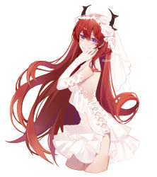 Rule 34 | alternate costume, arknights, bridal veil, clear regulus, dress, from side, horns, long hair, purple eyes, red hair, simple background, solo, surtr (arknights), thighs, veil, very long hair, white background, white dress