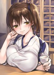 Rule 34 | 10s, 1girl, alcohol, blush, breast rest, breasts, breasts on table, brown eyes, brown hair, collarbone, cup, fukuroumori, hair between eyes, hand on own cheek, hand on own face, holding, holding cup, indoors, japanese clothes, kaga (kancolle), kantai collection, large breasts, looking at viewer, sake, short hair, side ponytail, smile, solo, table