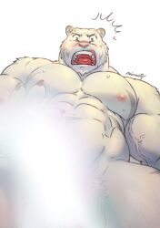 Rule 34 | 1boy, abs, animal ears, artist name, bara, blank censor, blush, censored, claws, commentary, completely nude, fangs, furry, furry male, highres, male focus, mercenary (zero kara hajimeru mahou no sho), mixvariety, muscular, muscular male, nude, open mouth, pectorals, surprised, sweat, symbol-only commentary, tiger boy, tiger ears, tiger stripes, zero kara hajimeru mahou no sho