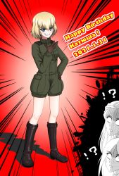 Rule 34 | !?, 3girls, aged up, art shift, birthday, black footwear, black gloves, blank eyes, blonde hair, blue eyes, bob cut, boots, character name, clara (girls und panzer), commentary, dated, emphasis lines, english text, fang, girls und panzer, gloves, green jumpsuit, greyscale, grin, hachiko (kota091986), hand on own hip, happy birthday, highres, jumpsuit, katyusha (girls und panzer), long sleeves, looking at viewer, military, military uniform, monochrome, multiple girls, nonna (girls und panzer), pravda military uniform, red background, shadow, short hair, short jumpsuit, smile, smirk, standing, sweatdrop, uniform