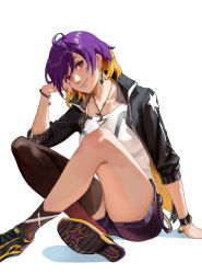 Rule 34 | 1girl, absurdres, ahoge, black jacket, black shorts, blonde hair, bracelet, colored inner hair, crescent, crescent necklace, crossed ankles, earrings, head tilt, hercule (zho yue yu), highres, jacket, jewelry, looking at viewer, mole, mole under eye, multicolored hair, necklace, nijisanji, open clothes, open jacket, purple hair, saya (virtuareal), shirt, shoes, shorts, simple background, single thighhigh, sitting, smile, sneakers, solo, star (symbol), thighhighs, two-tone hair, virtual youtuber, virtuareal, white background, white shirt