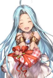 Rule 34 | 10s, 1girl, :d, ^ ^, bare shoulders, blue hair, blush, box, dress, closed eyes, granblue fantasy, heart-shaped box, holding, incoming gift, jewelry, long hair, lyria (granblue fantasy), minaba hideo, open mouth, outstretched arms, short dress, sleeveless, sleeveless dress, smile, solo, valentine, white background