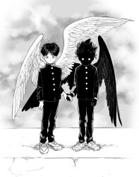 Rule 34 | 2boys, asymmetrical wings, black skin, closed mouth, colored skin, contrast, dual persona, face in shadow, feathered wings, full body, gakuran, highres, holding hands, kageyama shigeo, kageyama shigeo (???), long sleeves, looking at viewer, male focus, mob psycho 100, multiple boys, nemakkki, pants, school uniform, shoes, short hair, sky, sneakers, spiked hair, standing, wings