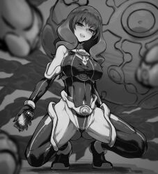 Rule 34 | 1girl, breasts, cellphone, elbow gloves, full body, gloves, gluteal fold, greyscale, half-closed eyes, highleg, highleg leotard, highres, holding, holding phone, irokohaku, leotard, medium breasts, medium hair, mitsuari ayu, monochrome, monster, open mouth, phone, smartphone, solo, spot color, squatting, tentacles, thighhighs, toaru majutsu no index, wavy hair