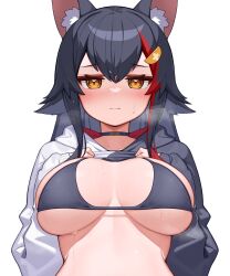 Rule 34 | 1girl, absurdres, animal ear fluff, animal ears, bikini, bikini top only, black hair, blush, breasts, deaver, hair ornament, hairclip, highres, hololive, jacket, large breasts, long hair, looking at viewer, multicolored hair, ookami mio, red hair, solo, steam, streaked hair, sweat, swimsuit, upper body, virtual youtuber, white background, wolf ears, wolf girl, yellow eyes