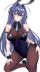 Rule 34 | 1girl, animal ears, armband, azur lane, bare shoulders, bilei, black pantyhose, blue eyes, blue hair, blue leotard, blush, bodystocking, breasts, cleavage, collar, commentary request, fake animal ears, halterneck, hands on own hips, headgear, high heels, highres, large breasts, legs apart, leotard, looking at viewer, navel, necktie, new jersey (azur lane), new jersey (exhilarating steps!) (azur lane), official alternate costume, on one knee, pantyhose, playboy bunny, rabbit ears, revision, seductive smile, see-through, see-through cleavage, skin tight, skindentation, smile, solo, standing, standing on one leg, thick thighs, thigh gap, thighs